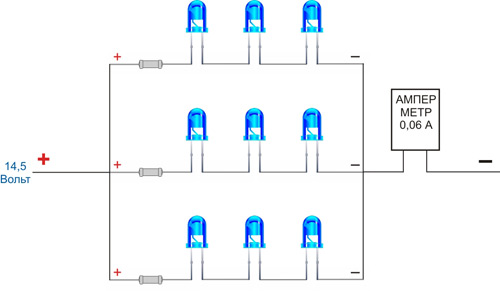 Схемата на последователно-паралелно свързване на три последователни групи светодиоди в