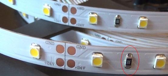 Resistor of 300 Ohm on the LED strip.