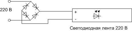 Connection of the luminaire through a rectifier.